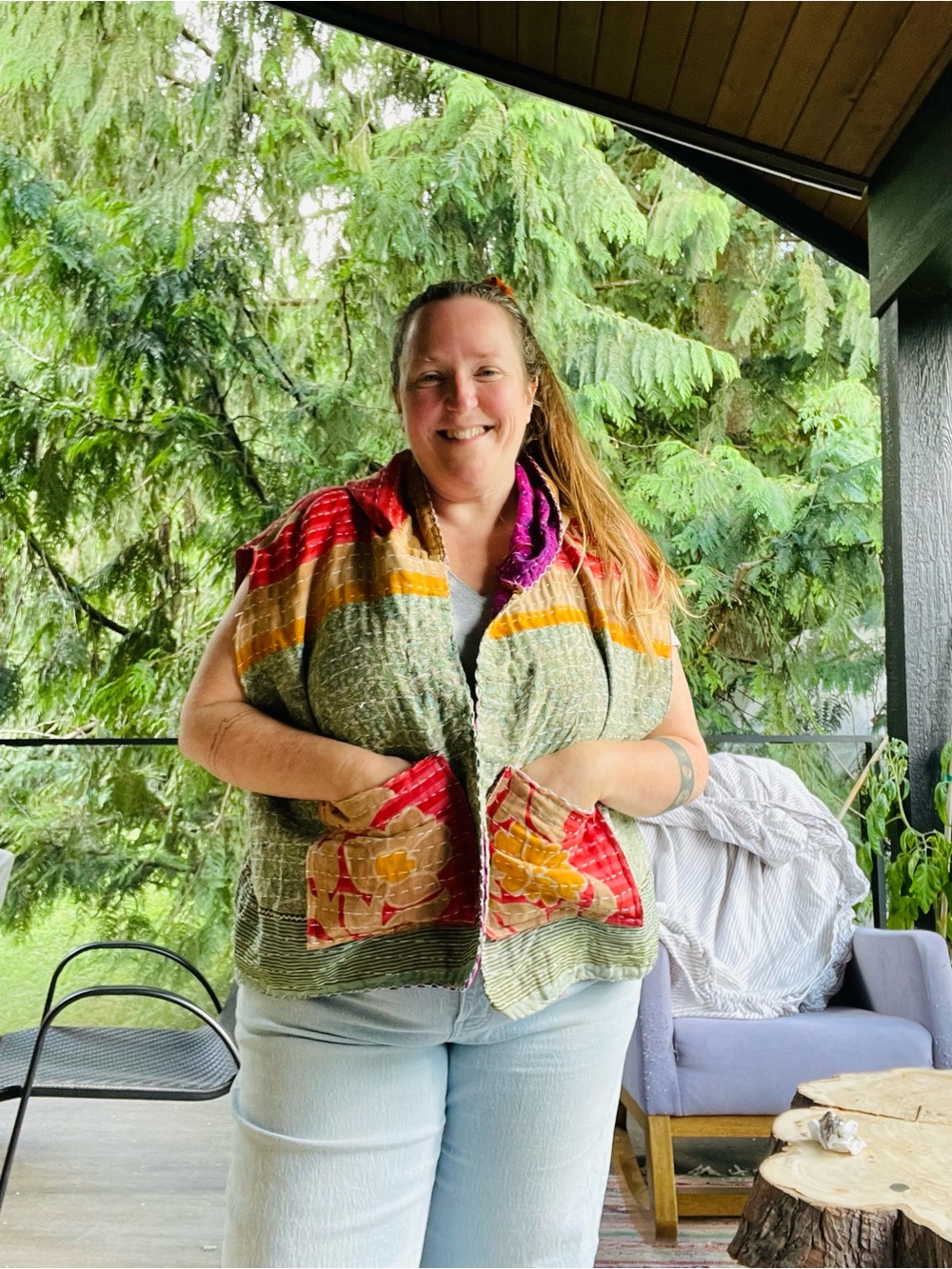 Handmade lightweight kantha quilted top OS